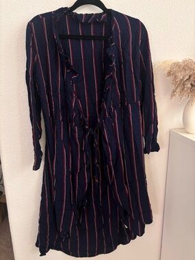 Navy Striped Ruffle Tie-Front Cardigan